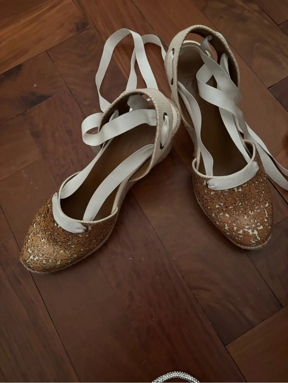 Woven Tan Espadrille Lace-Up Flats with Cream Ribbons